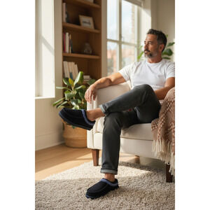 NWT dluxe by Dearfoams Men's Genuine Suede Slippers Color: Taping Black Size: 9